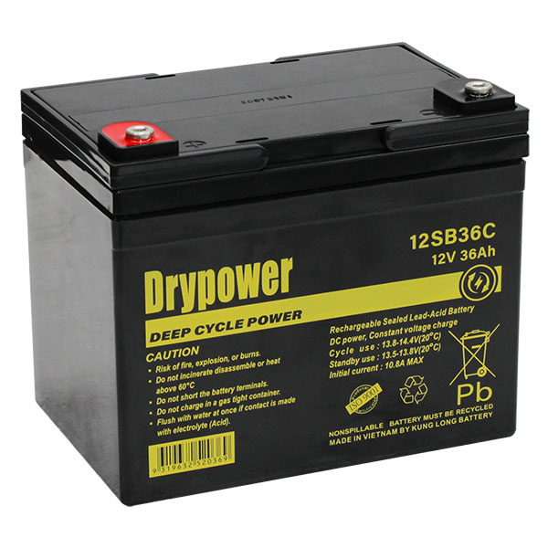 Drypower 12V 36Ah 12SB36C VRLA AGM Deep Cycle Battery, F8 (M6 Bolt)
